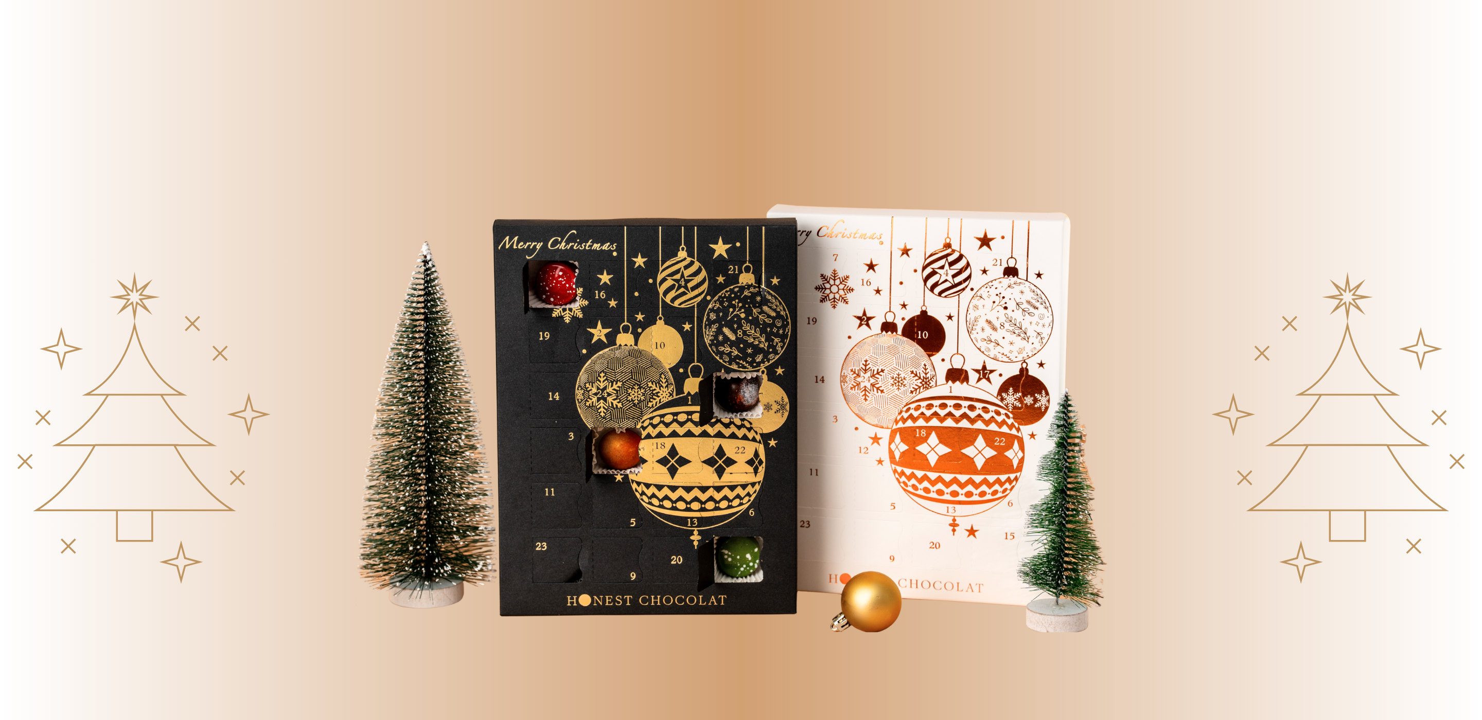 Luxury Christmas Chocolate Advent Calendars by Honest Chocolat in black & gold and white & bronze designs, displayed with festive decorative trees and ornaments, handcrafted in New Zealand.