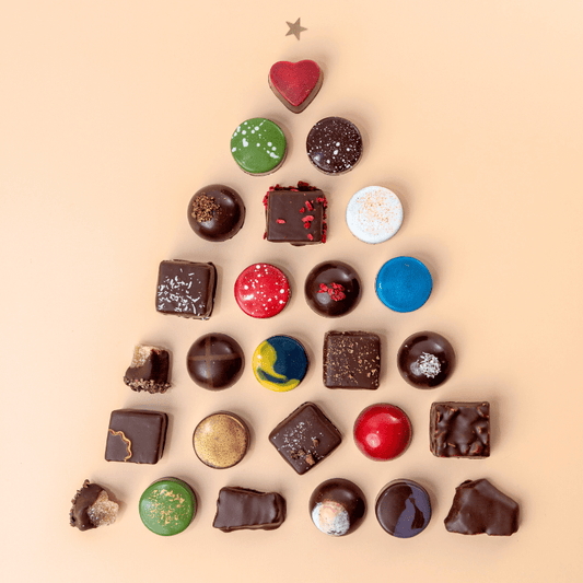 Honest Chocolat Christmas Chocolate Advent Calendar displayed as a Christmas tree, luxury artisan chocolate gift from New Zealand.