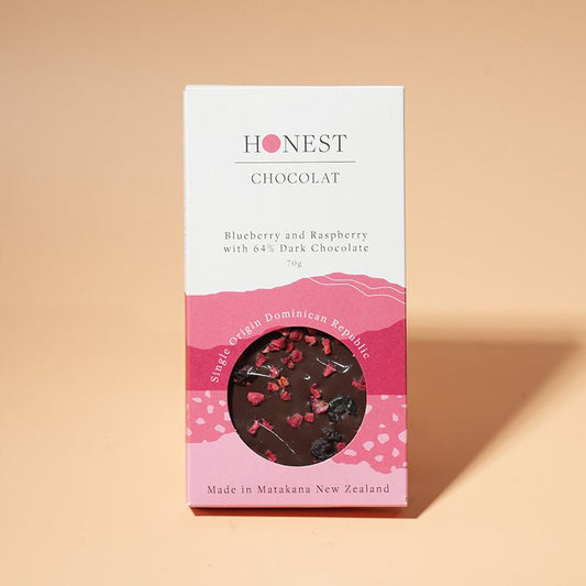 Blueberry & Raspberry - Dark Chocolate Bar - 64% Cacao