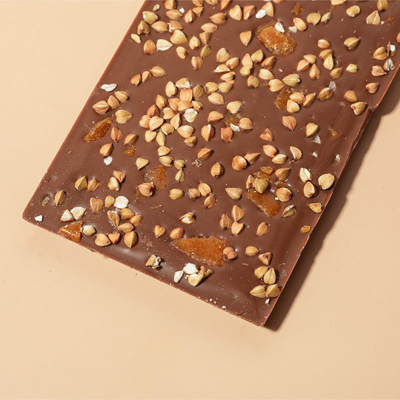Close-up of Salted Caramel & Buckwheat - Milk Chocolate Bar - 42% Cacao